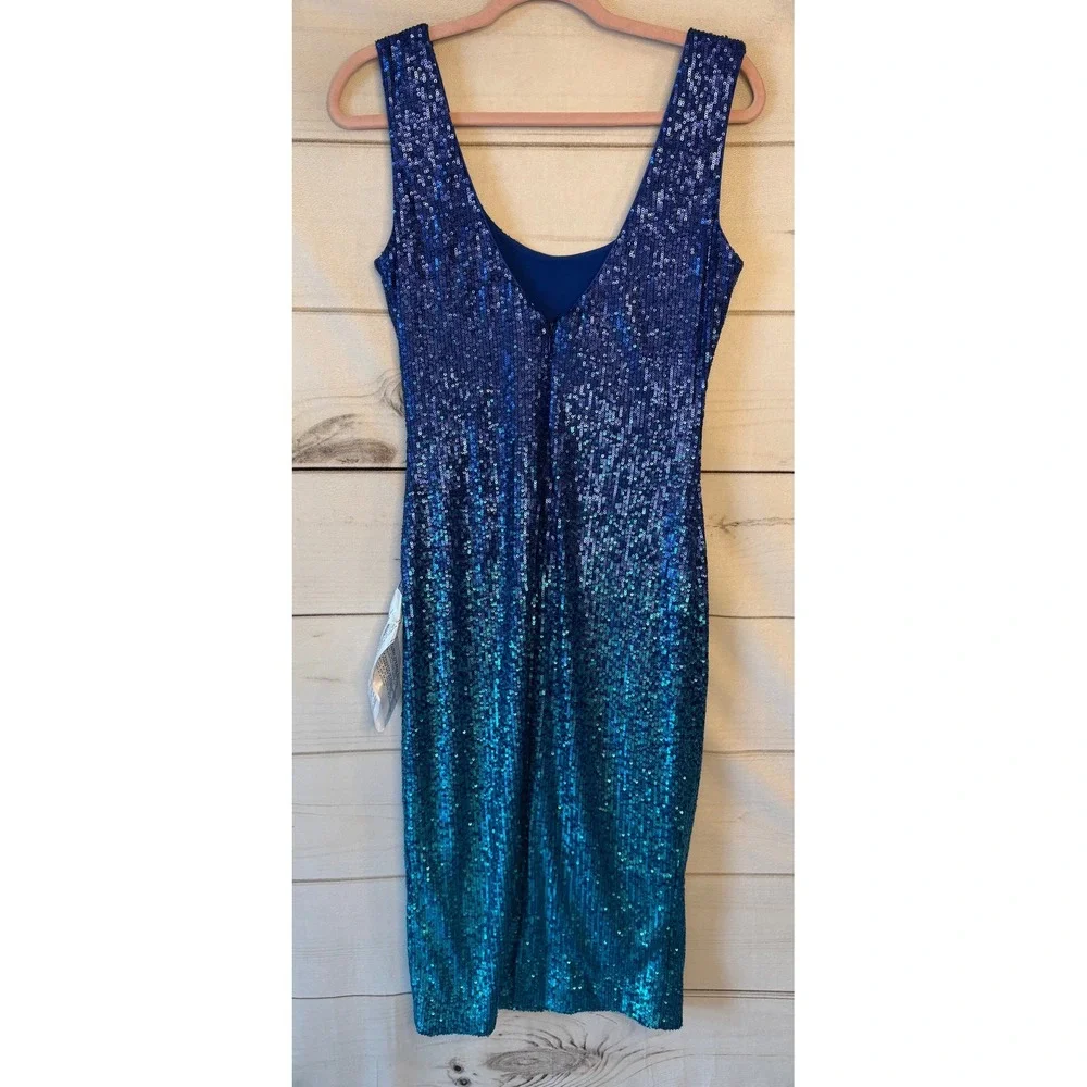 Dress the Population Blue Teal Ombre Sequin Midi Dress Sleeveless Medium NWT